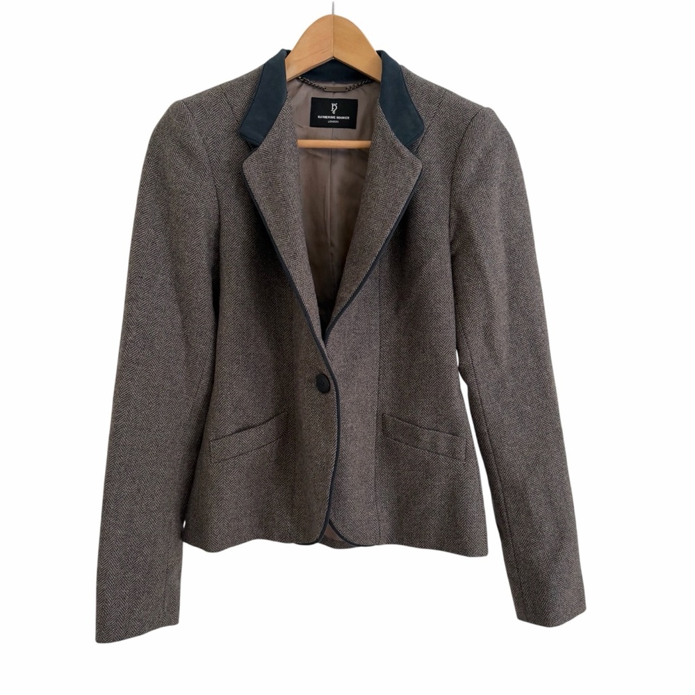KATHERINE HOOKER Tallulah Jacket Brown Wool Herringbone & Blue Trim - “1” / US 4